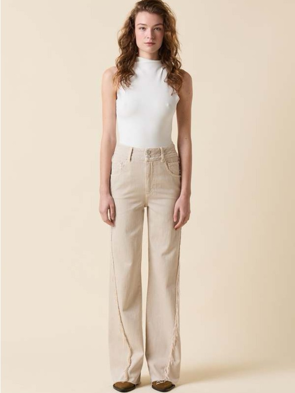 Women’s Beige Fringe Hem Jeans
